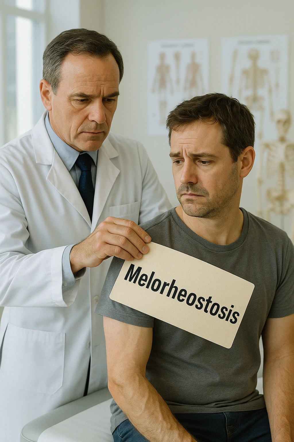 A realistic, cinematic illustration set in a bright, modern medical office. A middle-aged doctor in a white lab coat with a serious expression is shown gently placing a large paper label on the shoulder of a male patient sitting on the examination table. The label has the word 'Melorheostosis' written on it, symbolizing the act of labeling the patient with his rare bone condition. The patient looks confused and slightly disheartened, wearing a simple t-shirt with part of his arm exposed, showing subtle signs of bone thickening or deformation associated with melorheostosis. The background includes medical charts and a softly blurred skeleton model, emphasizing the medical setting. The lighting is bright but neutral, conveying a sterile, clinical atmosphere while focusing on the symbolic moment of receiving a diagnosis label. The mood is introspective and slightly heavy, illustrating the emotional weight of being defined by a rare chronic condition emoji