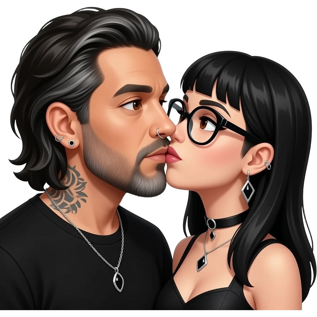 The handsome manly Latino podcast host with medium length hair, a long slightly graying beard and tattoos with his ears pierced 1 time each ear and a nose ring on the right side, dark brown eyes, wearing black, and jewelry, kissing a semi gothic woman with oversized glasses emoji