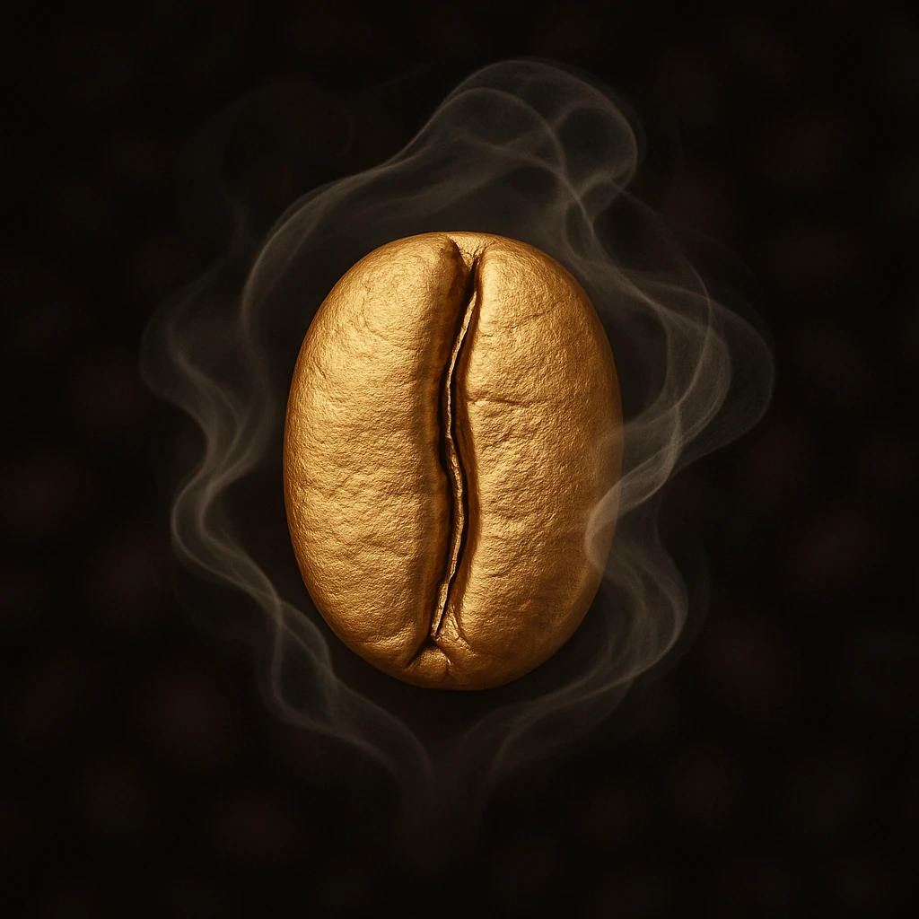a single golden coffee bean, highly detailed and realistic, clean minimalist luxurious elegant style, bean wrapped in soft swirling mist evoking warmth and aroma of freshly brewed coffee, highest resolution, suitable for logo and branding, inspired by reference image, fine out-of-focus dark coffee bean texture background with transparent edges emoji