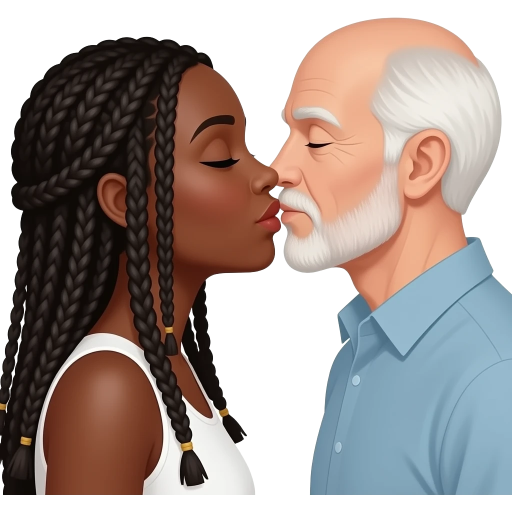 Black woman with long braids kissing older white bald man emoji