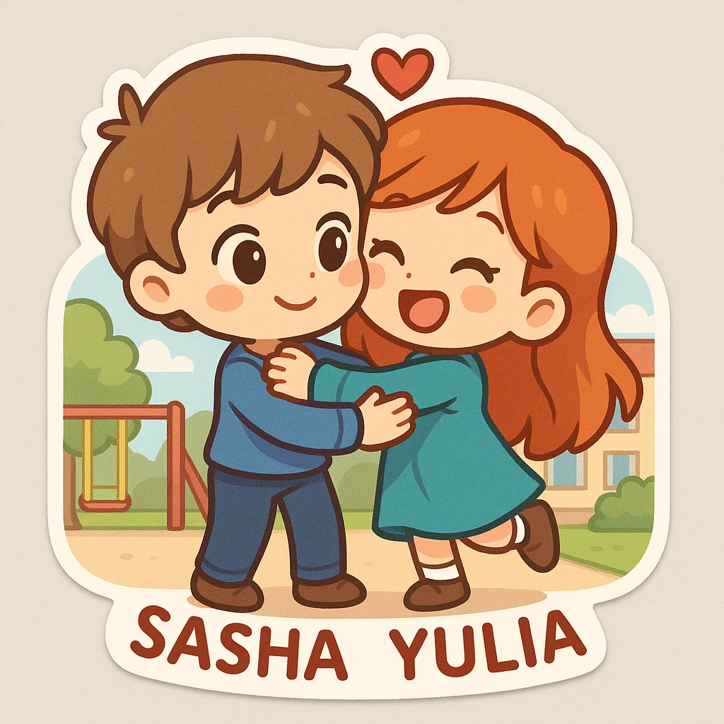 Sticker of Sasha and Yulia, two young lovers, in a cute and playful style, with exaggerated facial features and bright colors, hugging each other, with a background of a school or a playground. emoji