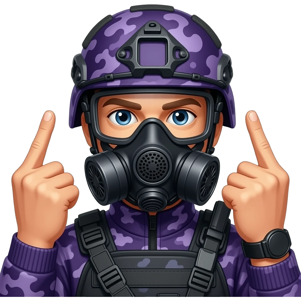 Man with two middle fingers in dark purple camoflage tactical gear helmet full dark purple gasmask emoji