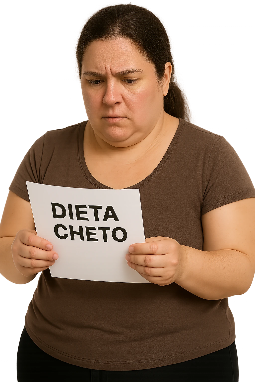donna realistica leggermente in sovrappeso che legge un foglio con la scritta "dieta Cheto", sfondo bianco, iperrealistica 4k, IPERREALISTICA 4K emoji