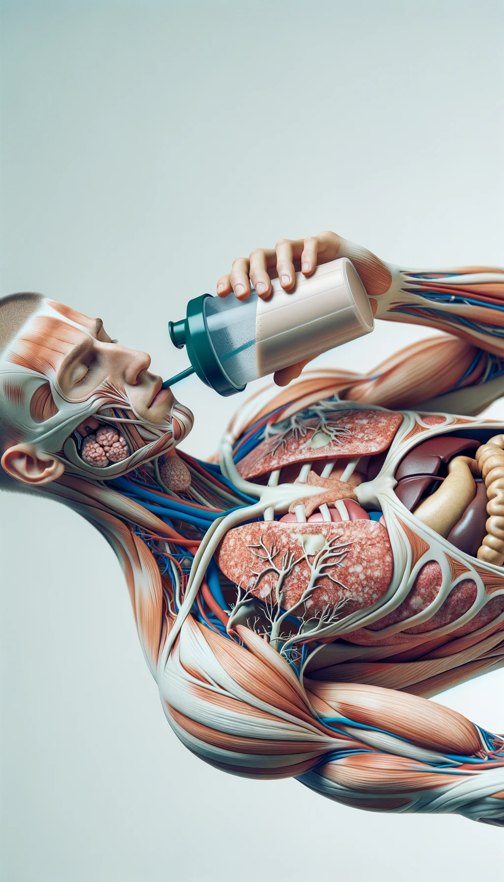 CORPO UMANO ANATOMICO CON OCCHI CHIUSI MENTRE BEVE UNO SHAKER PROTEICO, ORGANI IN EVIDENZA, IPERREALISTICO SFONDO CHIARO NEUTRO emoji