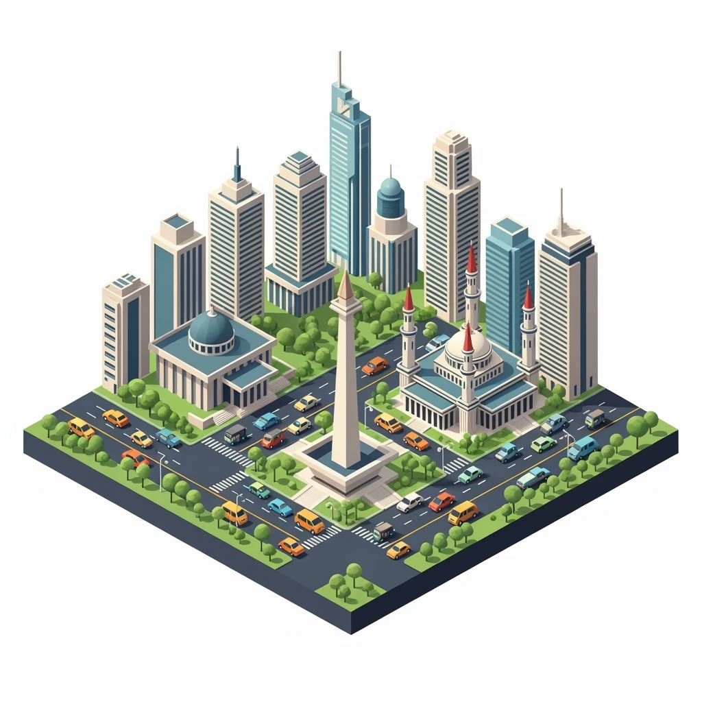 Isometric minimalistic illustration of Jakarta Monas (National Monument), Istiqlal Mosque, skyscrapers of Sudirman CBD, bustling streets with traffic and tuk-tuks, subtle 3D miniature effect and Tilt Shift effect, no cartoonish look, transparent background. emoji
