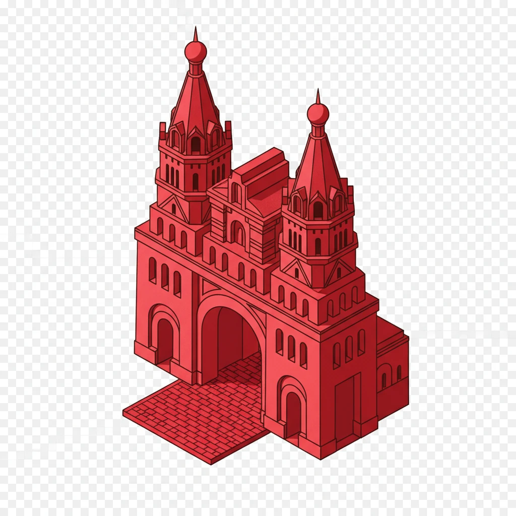 Изометричная, яркая, детализированная, объемная и фотореалистичная иллюстрация Красных ворот в Москве в красном цвете,  четкие линии, прозрачный фон emoji
