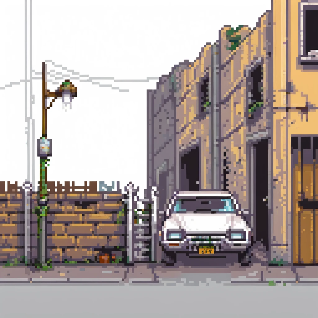 Pixel art back alley, graffiti walls, broken fence, flickering street light, abandoned car, urban decay, vertical composition, 9:16, Sega style 2D fighter background
 emoji