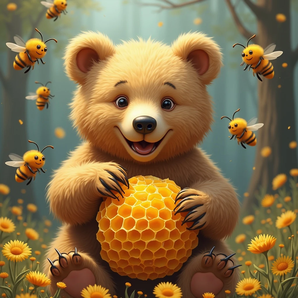bear eating honeycomb with bees flying around emoji