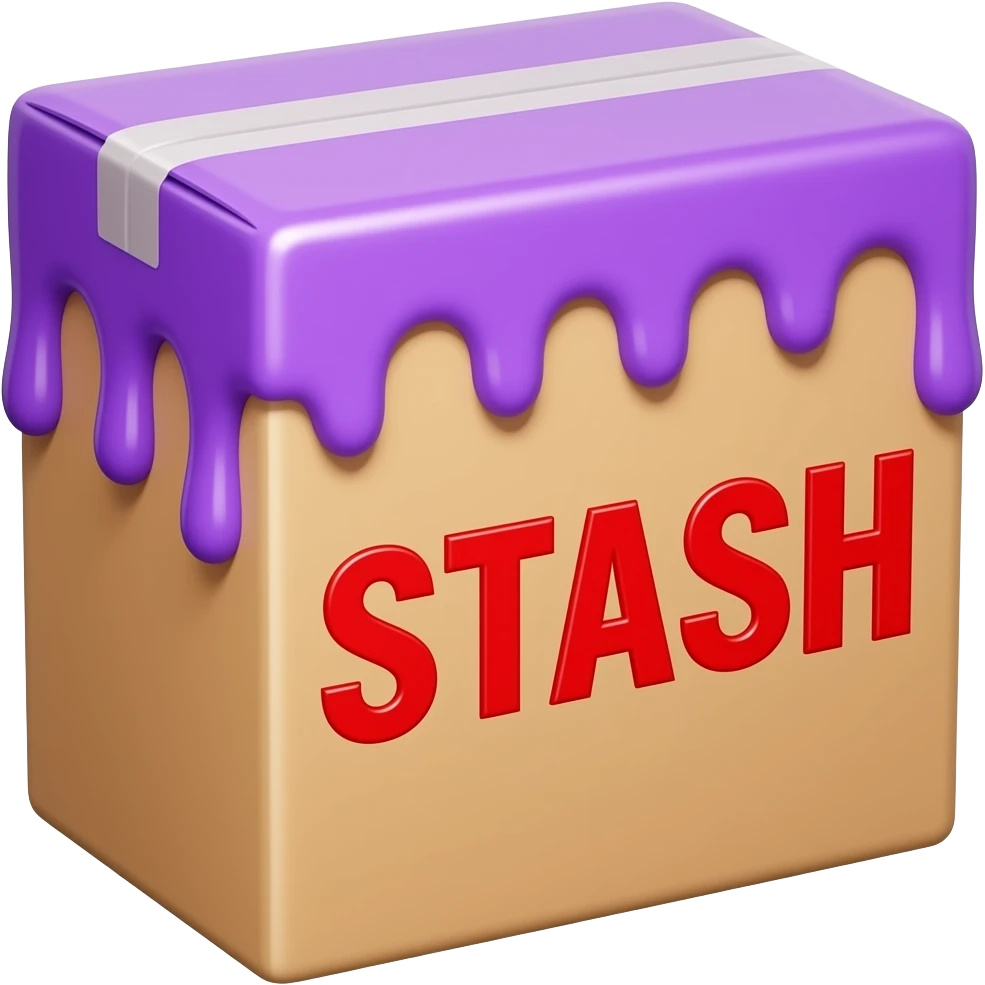 a box with purple syrup flowing out of it and a large inscription on the box saying "STASH" emoji