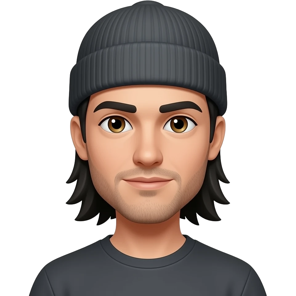 Long face, Skinny physique, black thick eyebrows, straight shoulder length long black hair man, hazel eyes, 5 oclock shadow with beanie skateboarder emoji