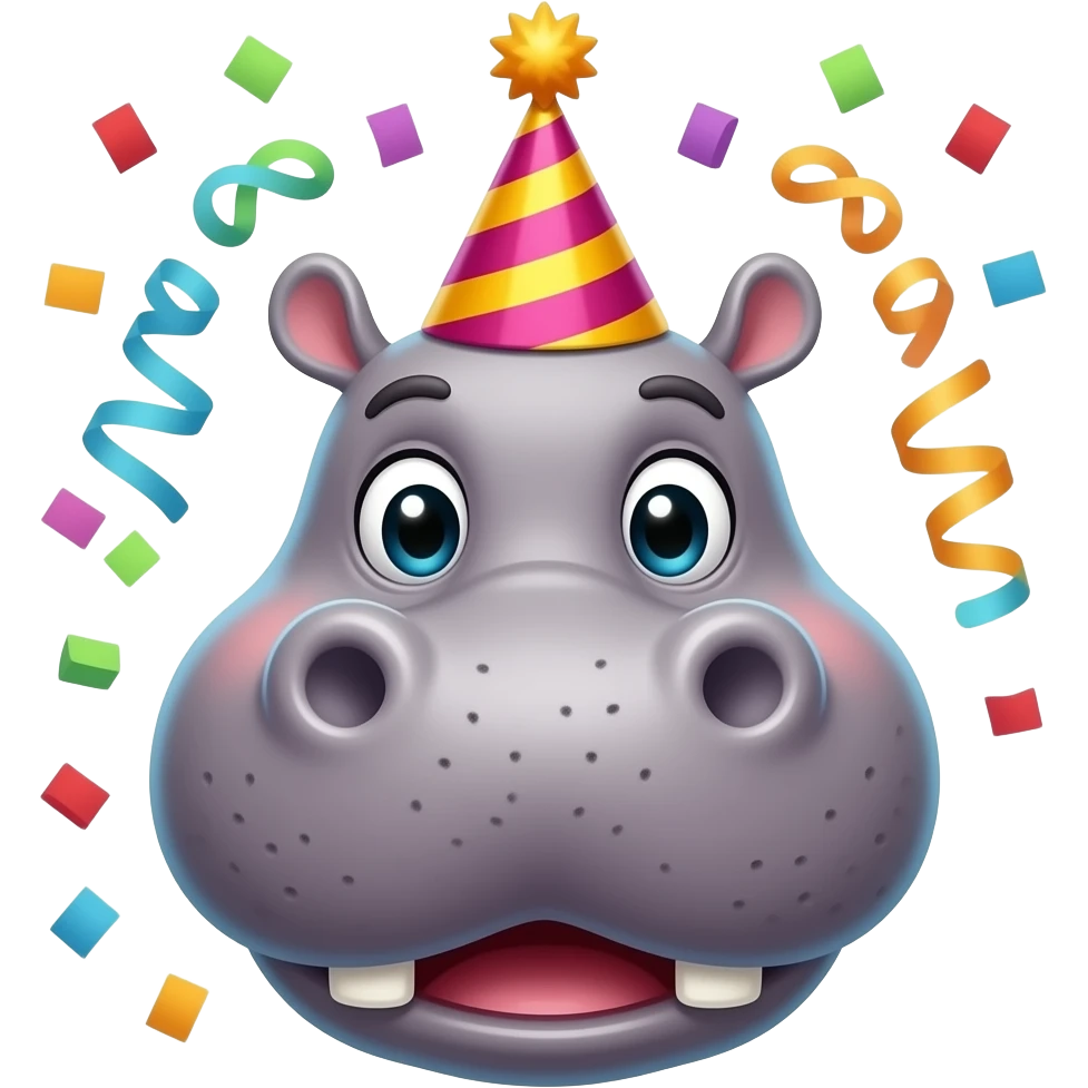 Hippo face birthday birthday ! Party hat and confetti and happy on its birthday and all the accessories and celebrations celebrating its day :) emoji