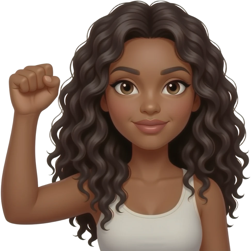A brown woman with dark long curly hair and big pouting lips Holding her hand up with closed fist emoji