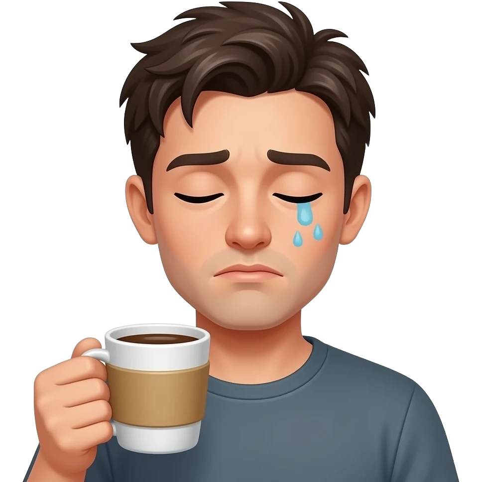 sleepy tired emoji holding coffee, monday blues mood, messy hair, cute ios emoji style emoji