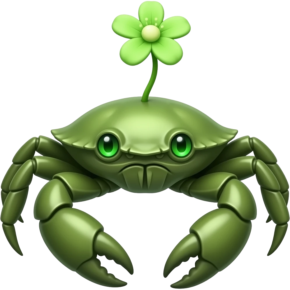 A green crab with a green  flower growing on its back on its back green eyes glowing eyes facing forward emoji