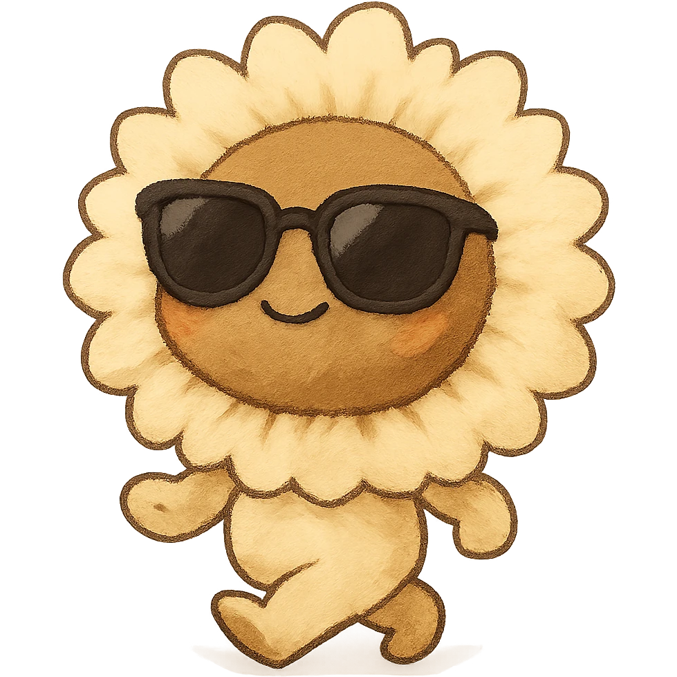 chibi fluffy creamy yellow sunflower, wearing sunglasses, walking out confidently, full body emoji