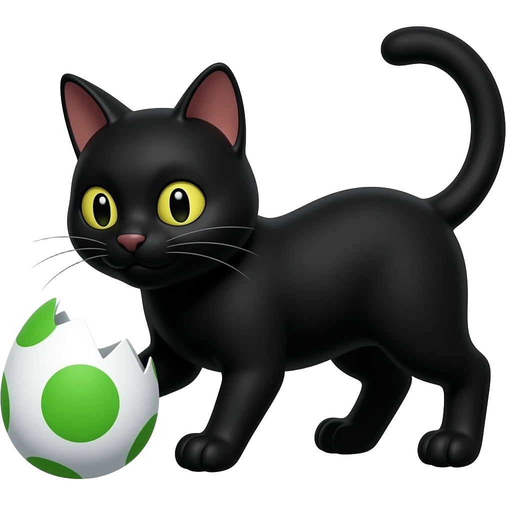 solid black cat playing with a yoshi egg from the super mario franchise emoji