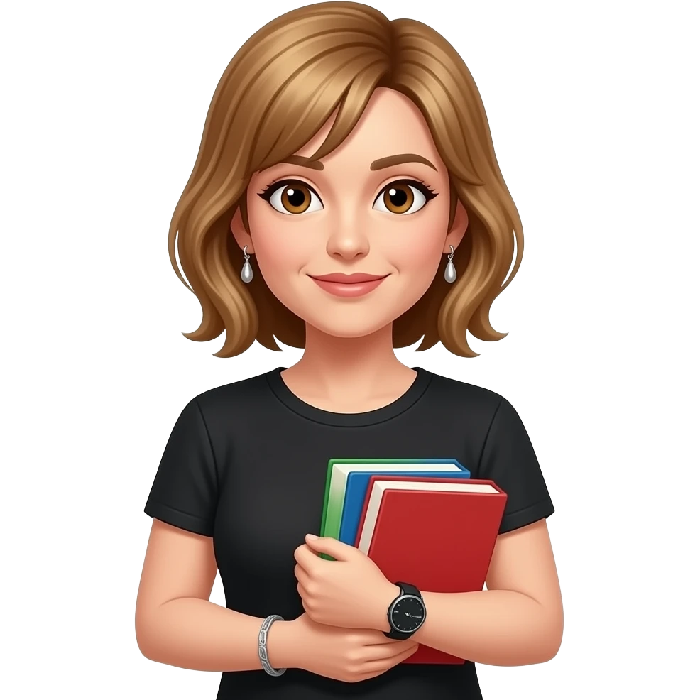 femme cheveux chatains blonds au carré, 40 ans, raie sur le côté droit, yeux marrons, lèvres fines, t-shirt noir, boucles d'oreilles pendantes en argent, des livres colorés dans les bras, une montre noire et ronde au poignet gauche et un bracelet en argent au poignet droit, emoji