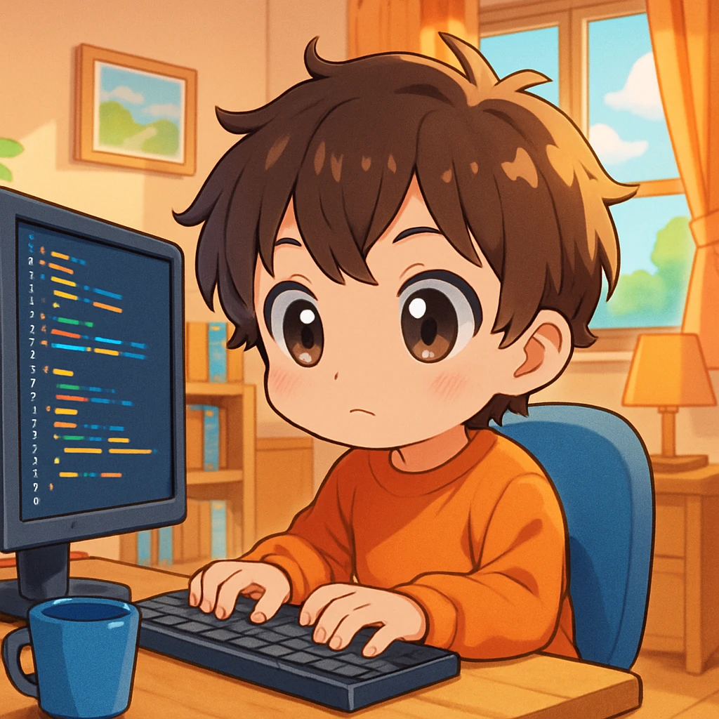 child programmer, anime style, big eyes, sitting at a monitor emoji