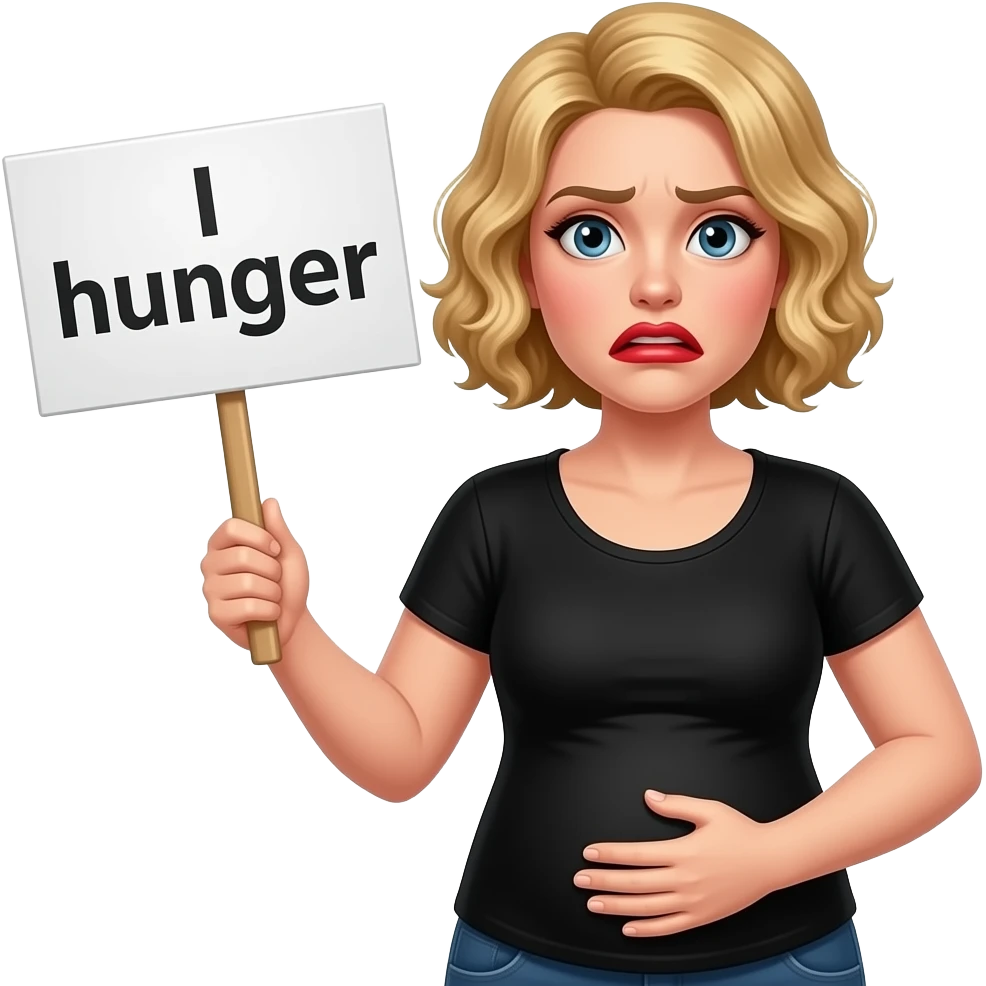 short blonde curly hair side swept bob with hungry face, red lipstick with a sign saying I hunger, my tummy is rummbling in a black short sleeve blouse emoji