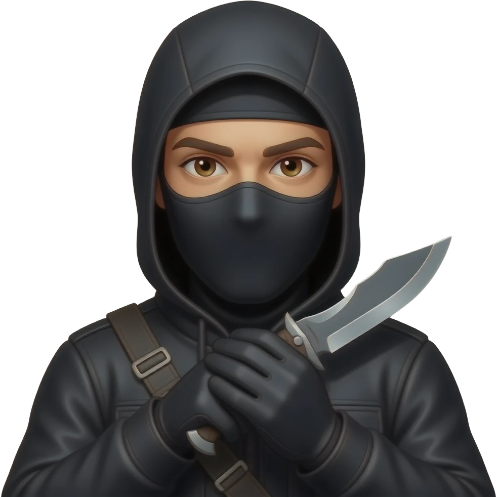 Spanish Man brown eyes wearing all black in balaclava hood and gloves with karambit emoji