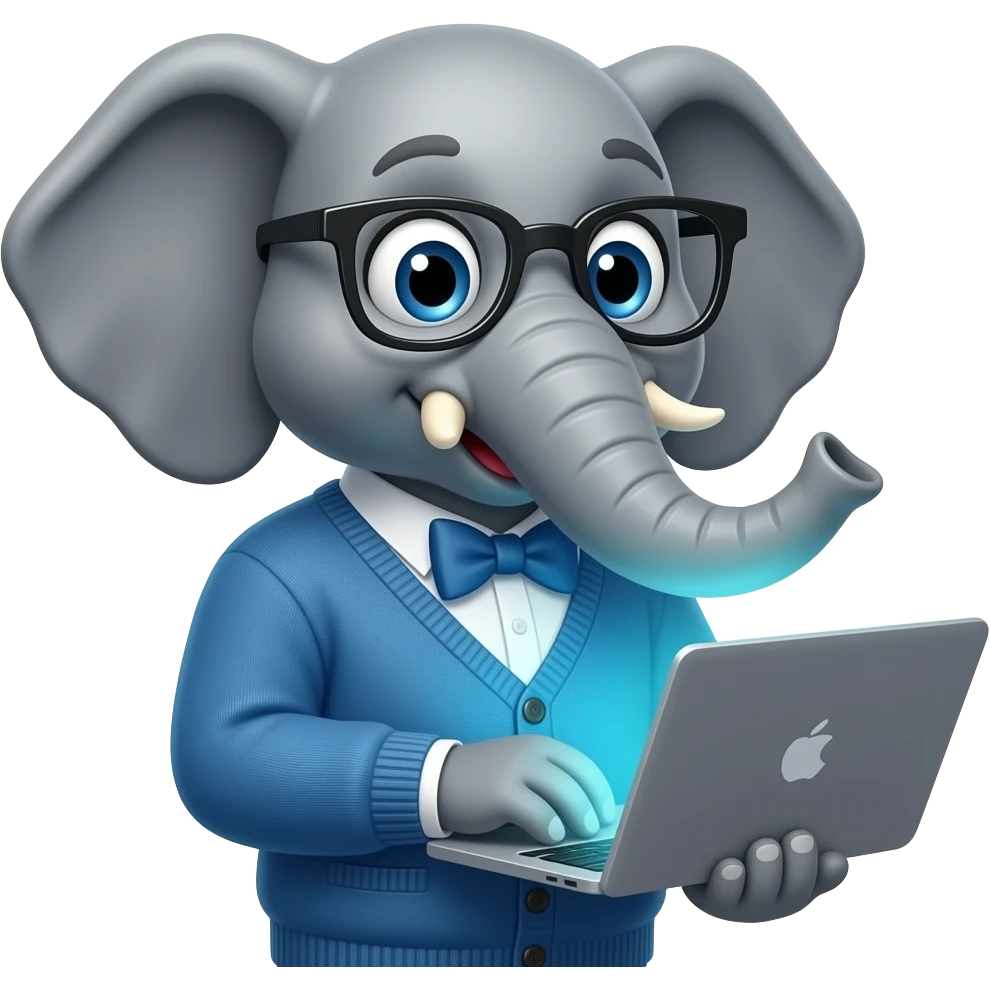 Elephant using laptop and nerd glass with nerdy clothes closeup emoji