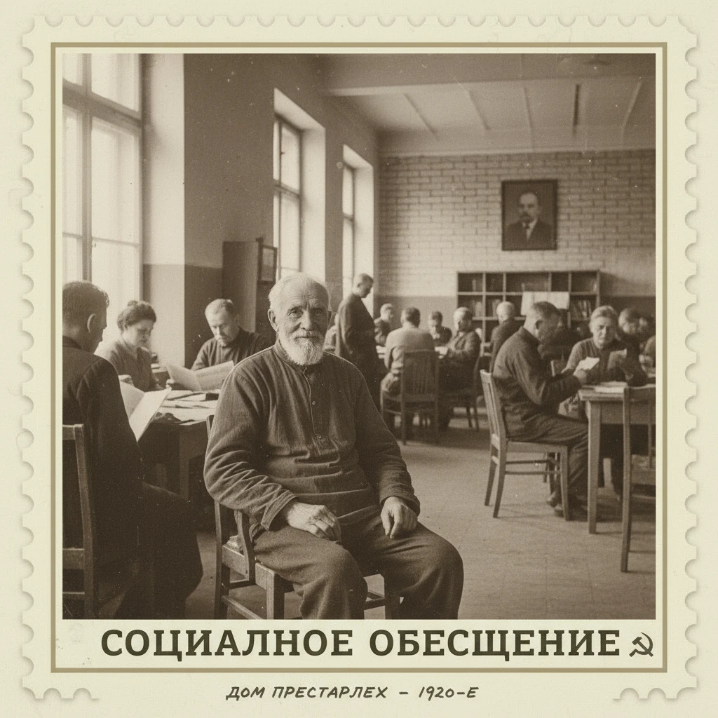 Марка на которой изображен дедушка в доме престарелых. СССР 1920-е годы.

Стиль марки такой же, как на прикрепленном фото emoji