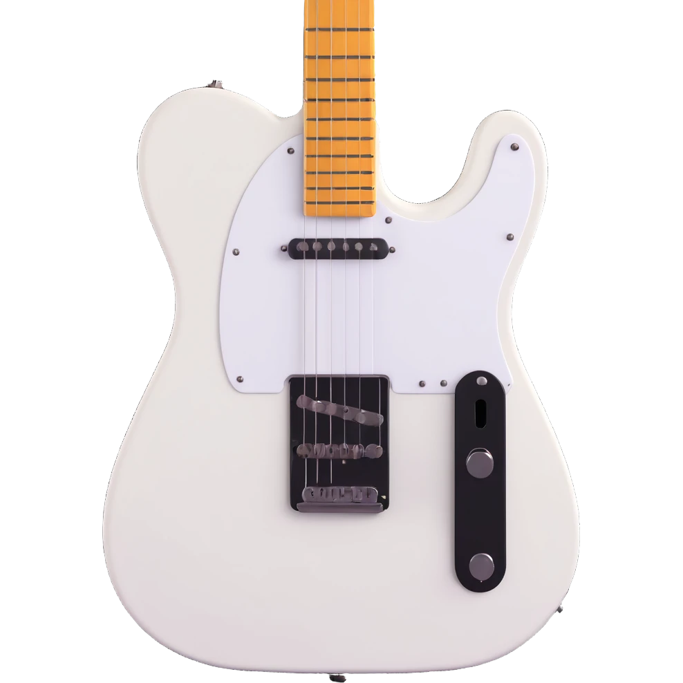 A 3D emoji-style design of a Telecaster-type guitar with a white body and black pickguard. The whole guitar is visible, with a simple and bright atmosphere. No background, suitable for icon use. The style is friendly and not too realistic. emoji