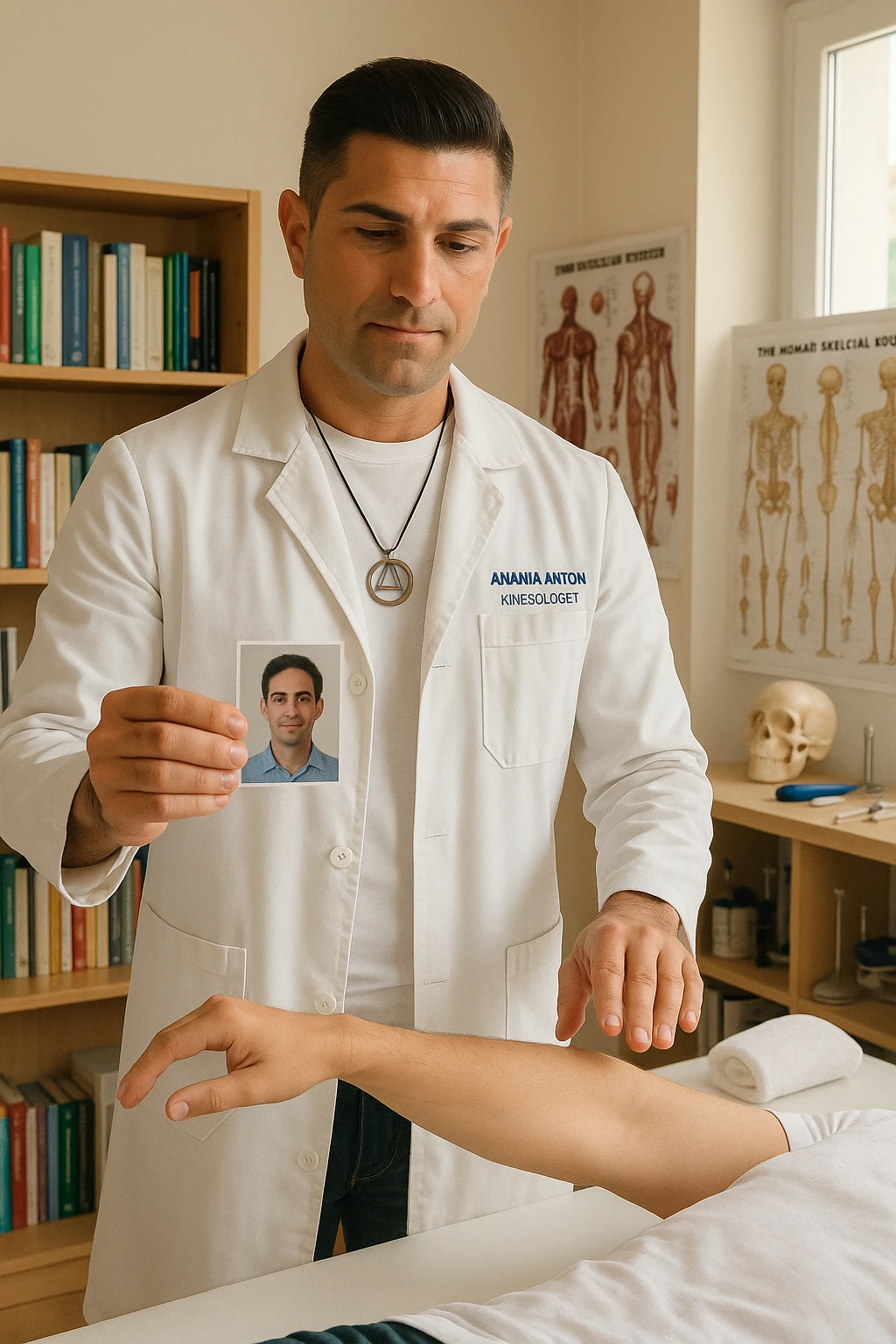 a middle-aged man, dressed in casual professional attire, is in a bright, organized therapy studio. Durante una visita di kinesiologia, il ragazzo tiene con una mano la foto di una persona lontana (il “testimone”) tiene la foto in mano, mentre con l’altra mano esegue un test muscolare su un cliente presente senza foto. Sullo sfondo si vedono libri di kinesiologia, poster anatomici e strumenti tipici della disciplina. L’atmosfera è concentrata e serena, con luce naturale che entra dalla finestra, sottolineando l’aspetto alternativo e umano della pratica. emoji