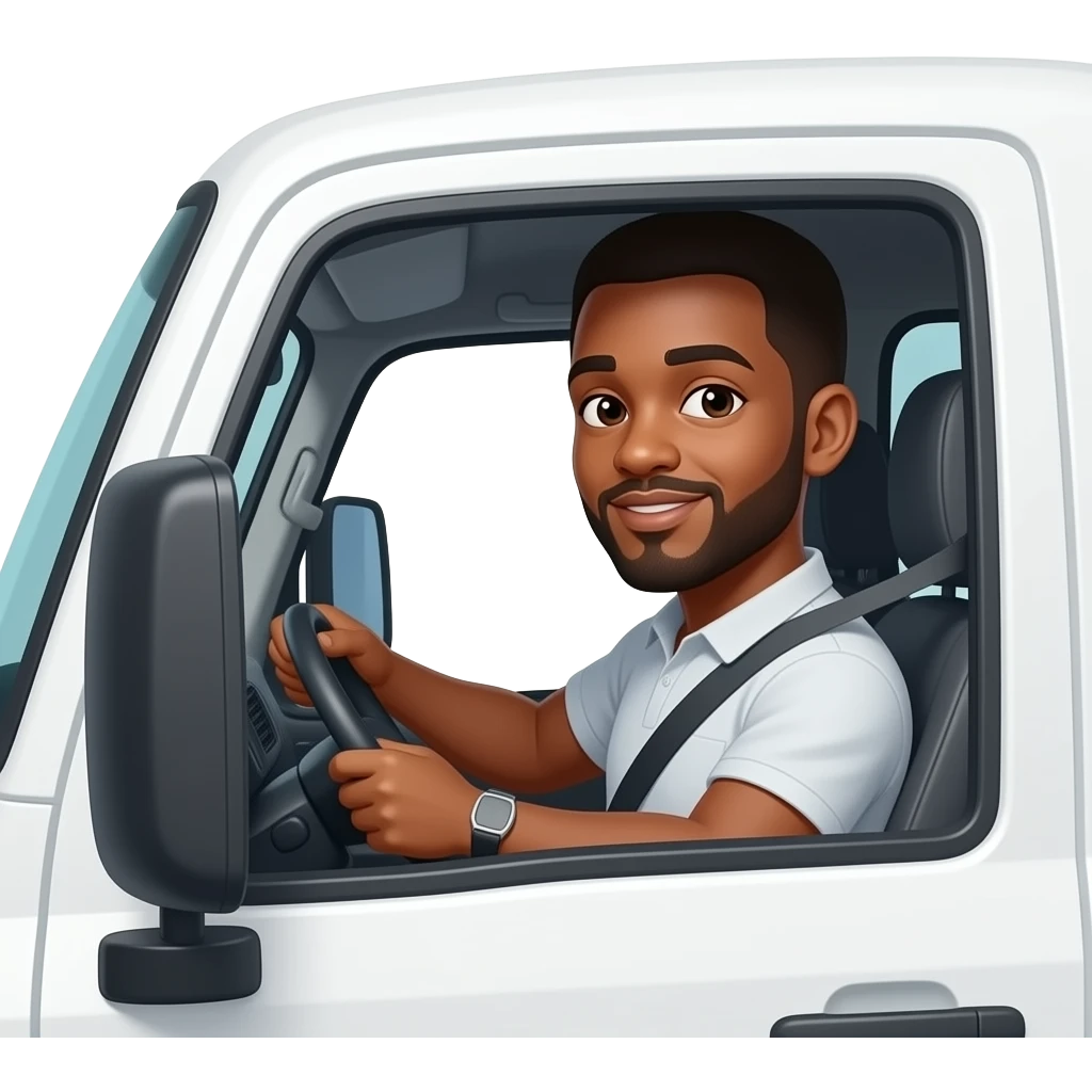 Emoji hombre conductor moreno, camioneta color blanco emoji