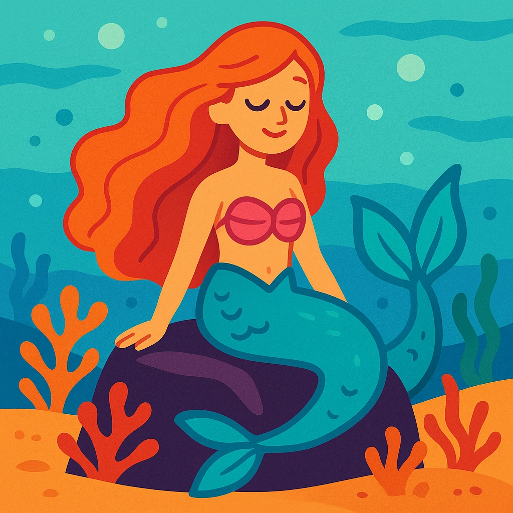 A serene mermaid sitting on a rock underwater, with flowing hair and shimmering tail emoji