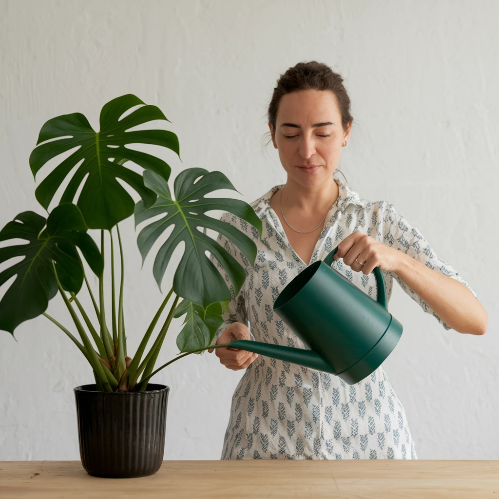 woman watering her monstera plant emoji
