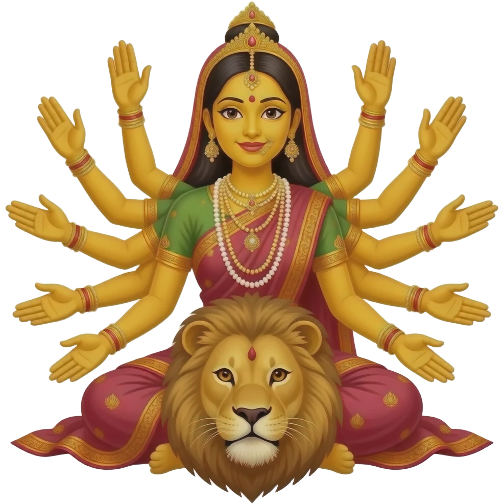 A bengali yellow skinned bride with exactly ten empty hands sitting on a lion with ALL hands in front emoji
