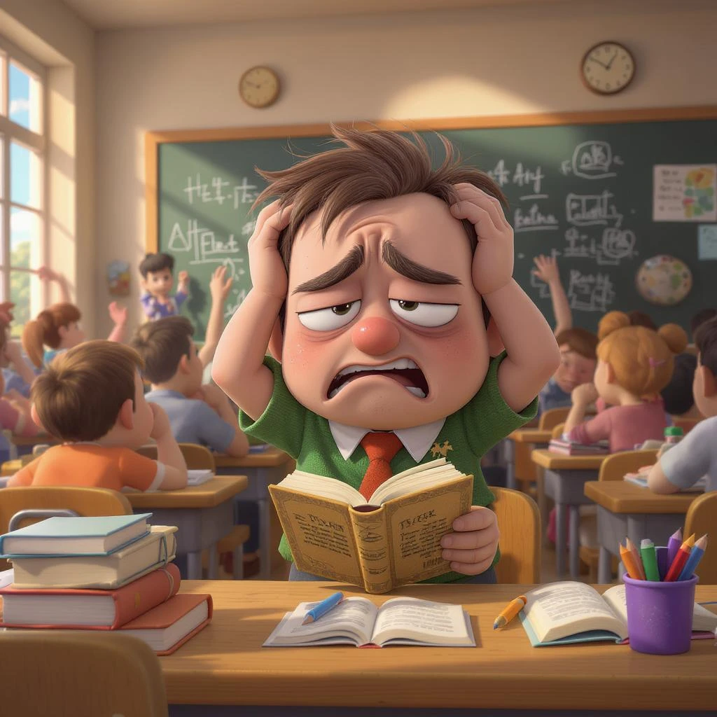3d cartoon art of a exhausted teacher in a bustling classroom emoji