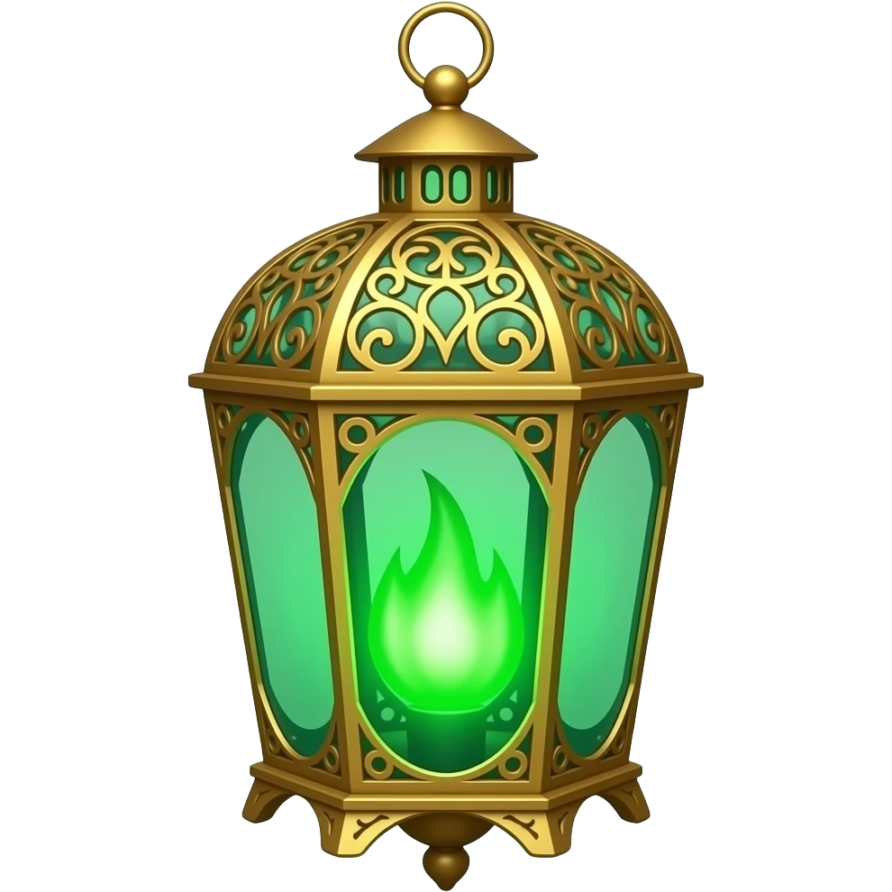 A golden hanging lantern with a bright emerald green flames, an empty loop on top, fae filigree themed, but simple focus more on the green flames, paint the glass more green emoji