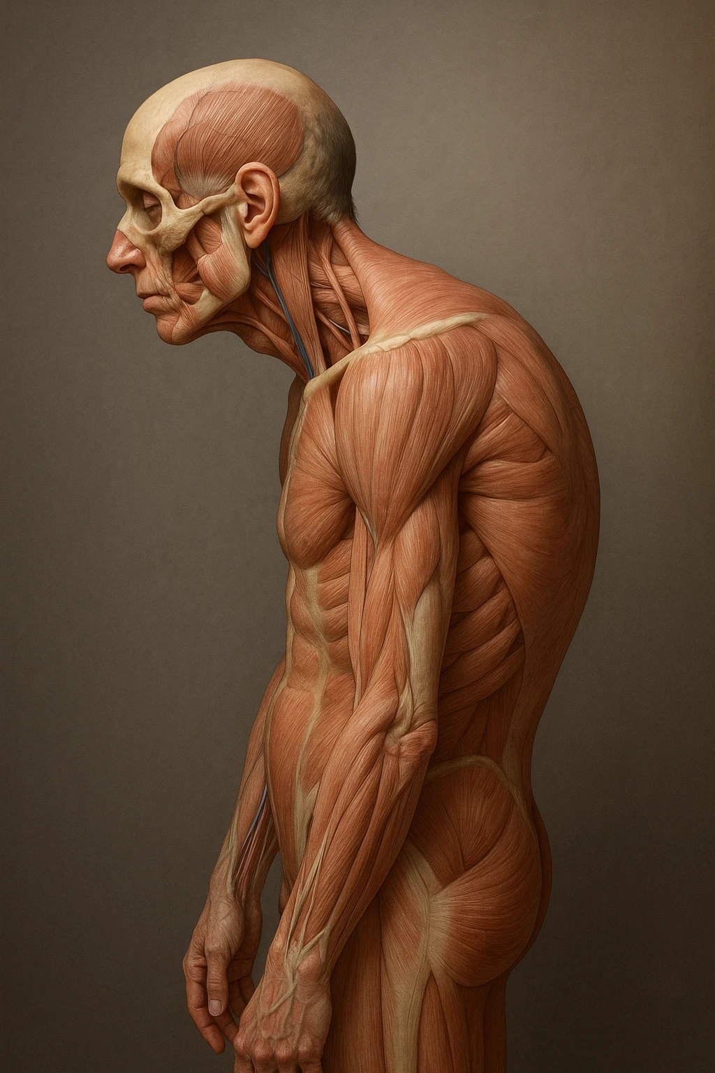 corpo UMANO ANATOMICO di profilo con spalle chiuse in avanti, postura errata, iperrealistico 4k emoji