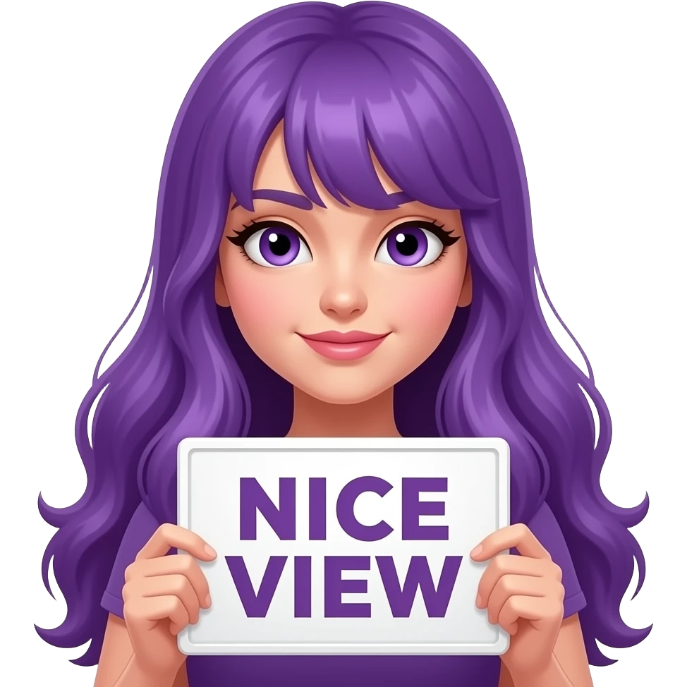 sexy girl with long purple hair and purple eyes holding a NICE VIEW sign emoji