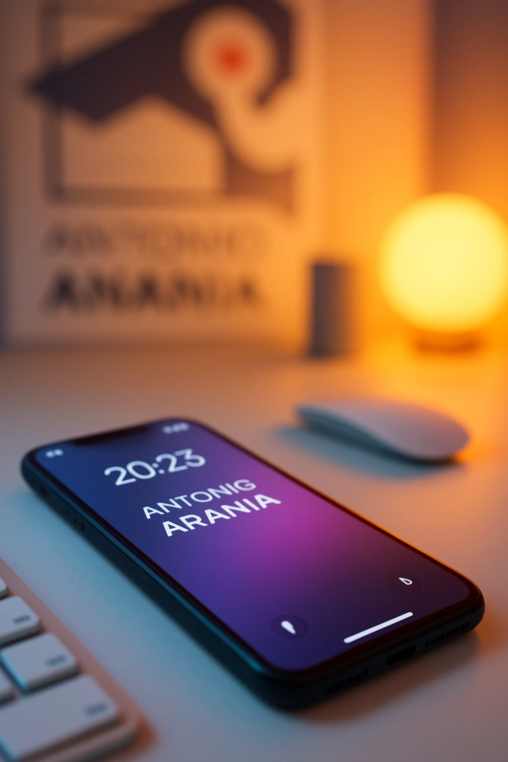 A photo of an iPhone on the desk with the message "Antonio Anania" on its screen, The phone sits atop a desk with a blurred with the logo in the background that suggests work environment. A faint glow from above casts gentle shadows across the surface of each object, creating depth and highlighting their textures emoji