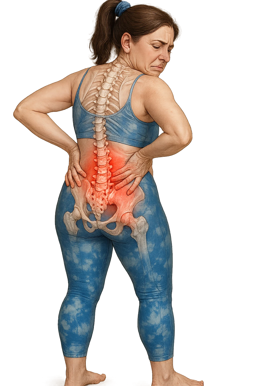 a woman in her 30s  holding her lower back with a pained expression. Subtle visual cues, like uneven shoulders or hips, hint at postural asymmetry. symbolizing chronic pain over the years. vista anatomicamente emoji