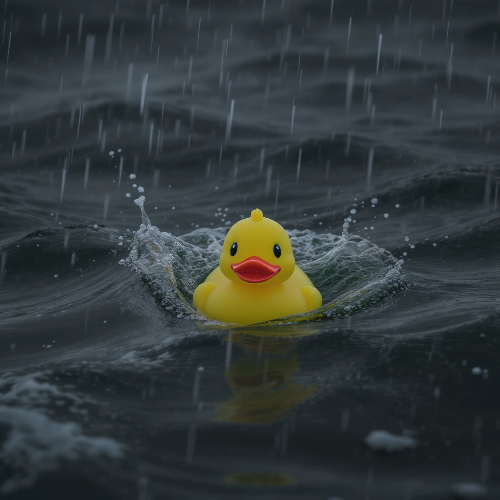 Cinematic still, Closeup shot of Yellow duck toy on ocean during storm, Camera from top, inspired by interstellar emoji