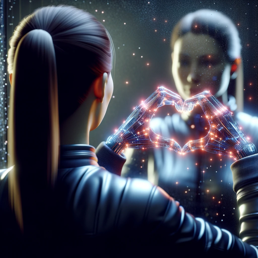 DONNA DI SPALLE CHE SI GUARDA ALLO SPECCHIO CREANDO UN CUORE CON LE MANI, iperrealistico 4k emoji