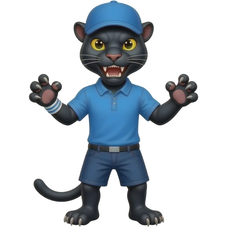 hazme una pantera imponente fuerte y poderosamostrando garras y comlillos con polo azul y gorra deportiva sin logos sn pantalones emoji