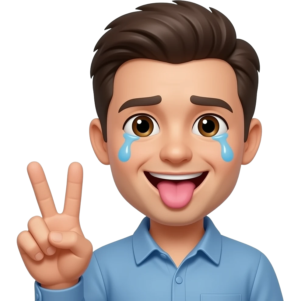 yellow emoji crying while smiling with tongue and peace sign emoji