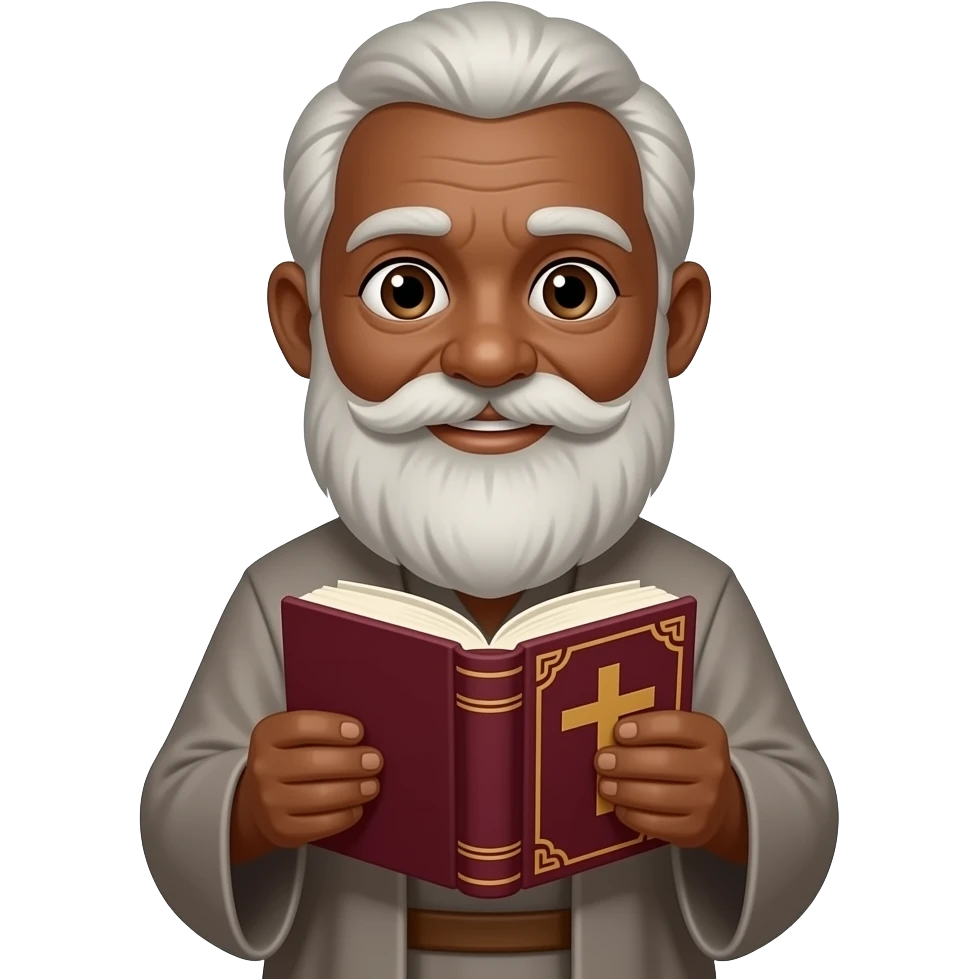 wise old man with grey hair robe friendly brown eyes white beard dark brown skin with burgundy book that has a cross on it emoji