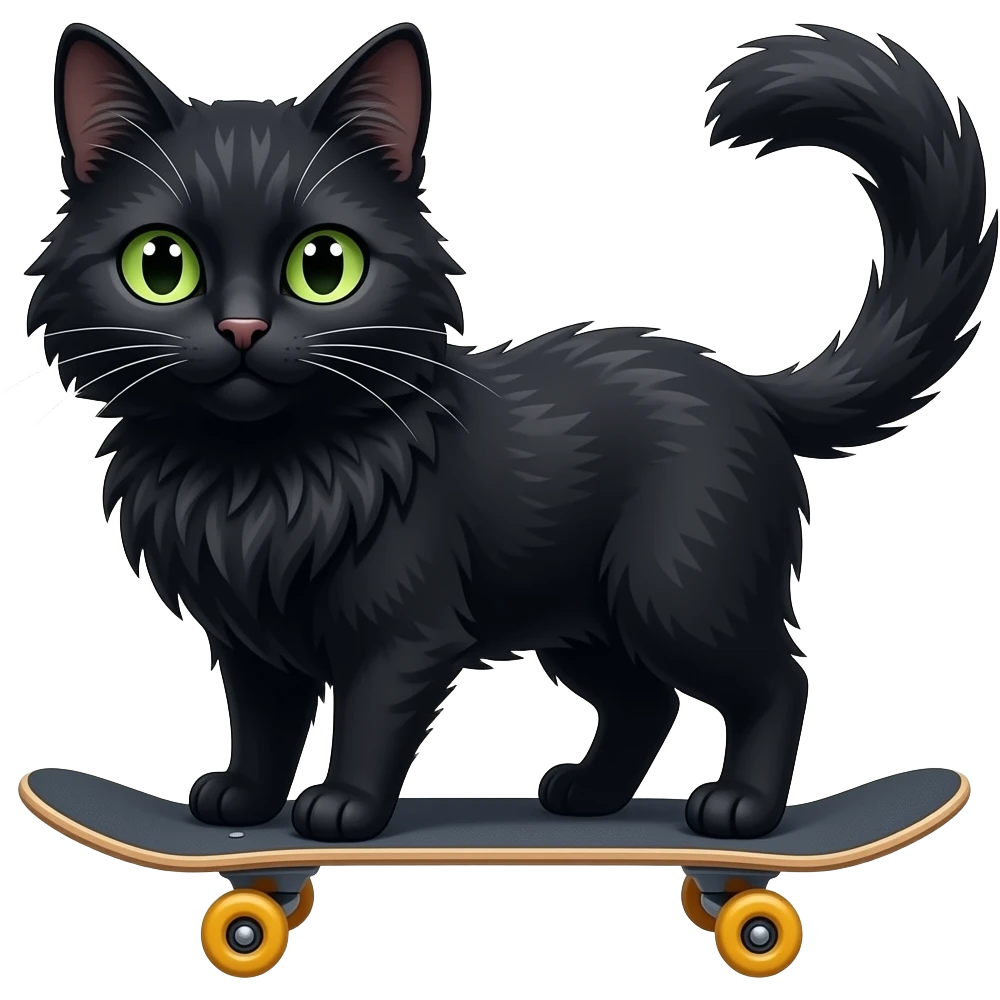 black longhaired cat green eyes skateboard emoji