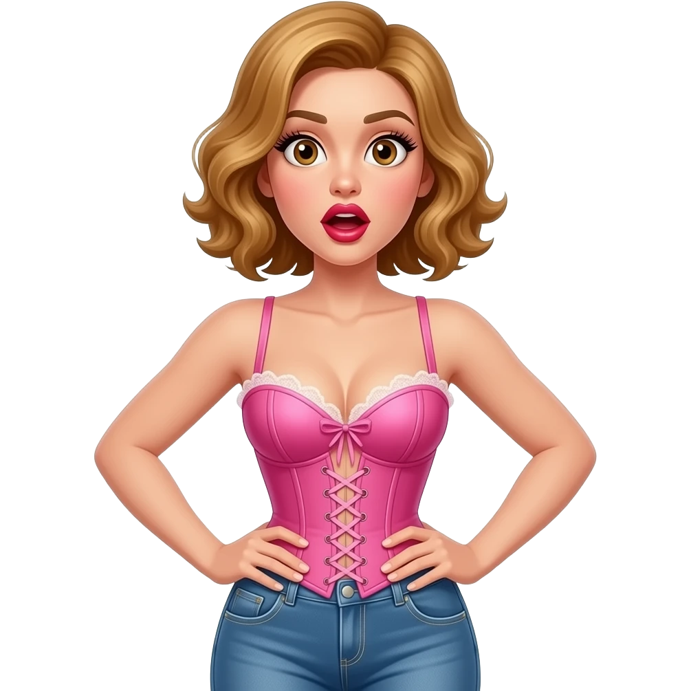 white, very beautiful woman, with big plump red lips, long long lashes, honey wavy short hair, hazel eyes, totally surprised look on face. full body.  Wearing a pink corset & blue jeans emoji
