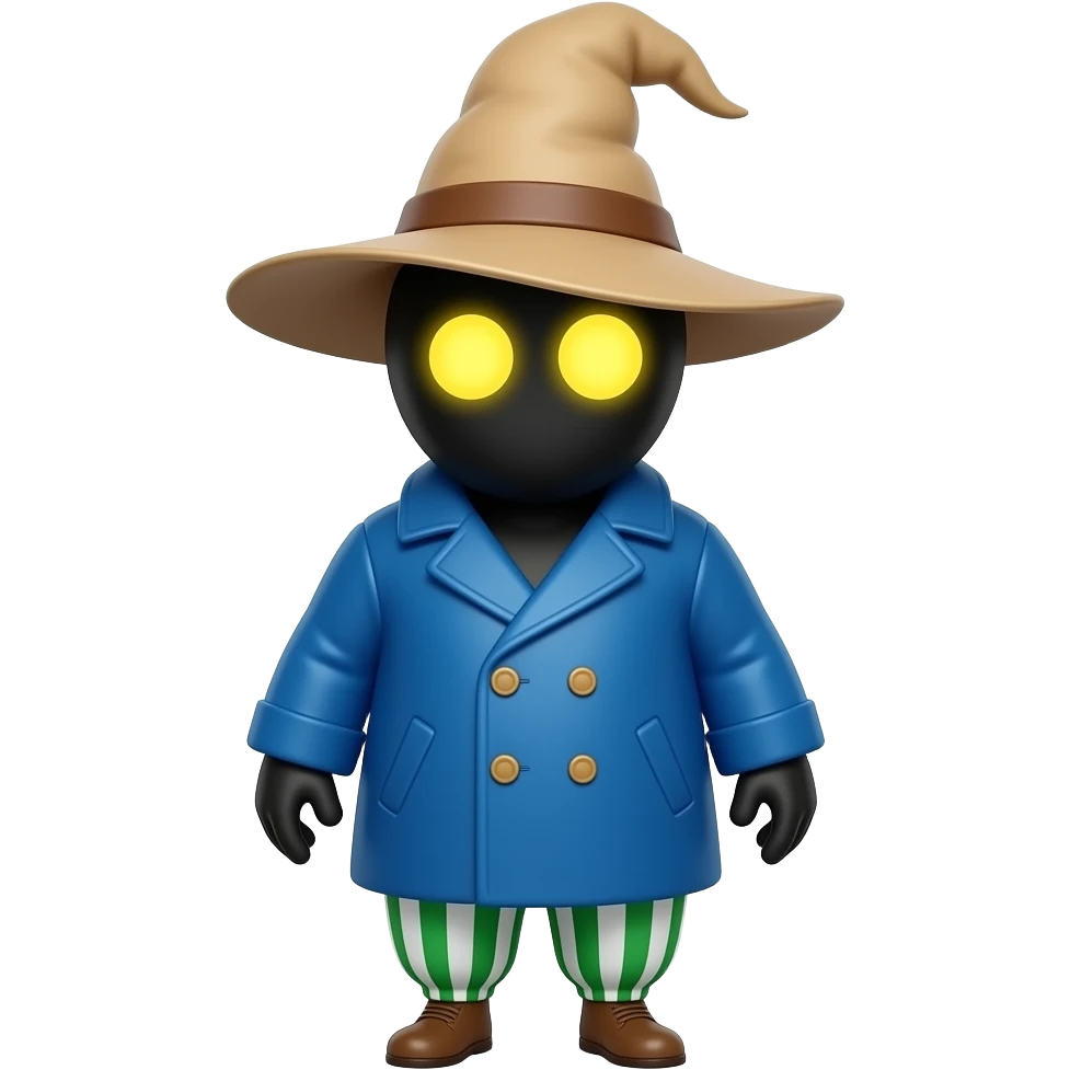 Vivi is defined by a pitch-black face illuminated only by two glowing, circular yellow eyes. He wears a tall, floppy tan wizard’s hat, a bulky blue double-breasted coat, and distinctive green-and-white striped balloon trousers. emoji