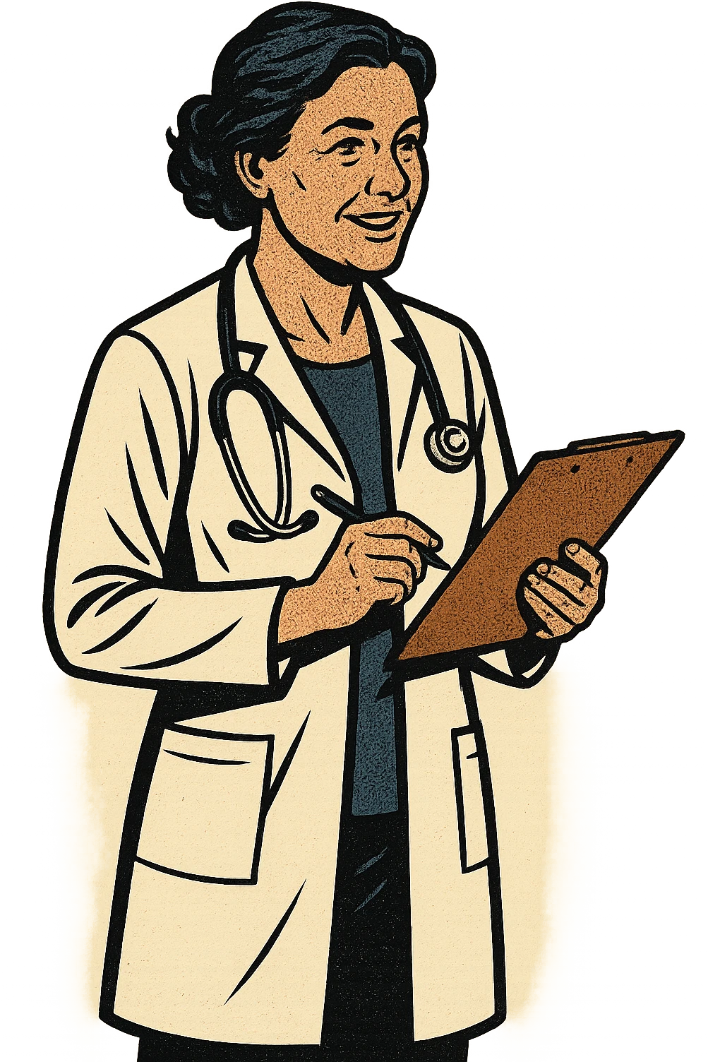A full body image of a caring middle aged female doctor with a stethoscope holding a note pad emoji