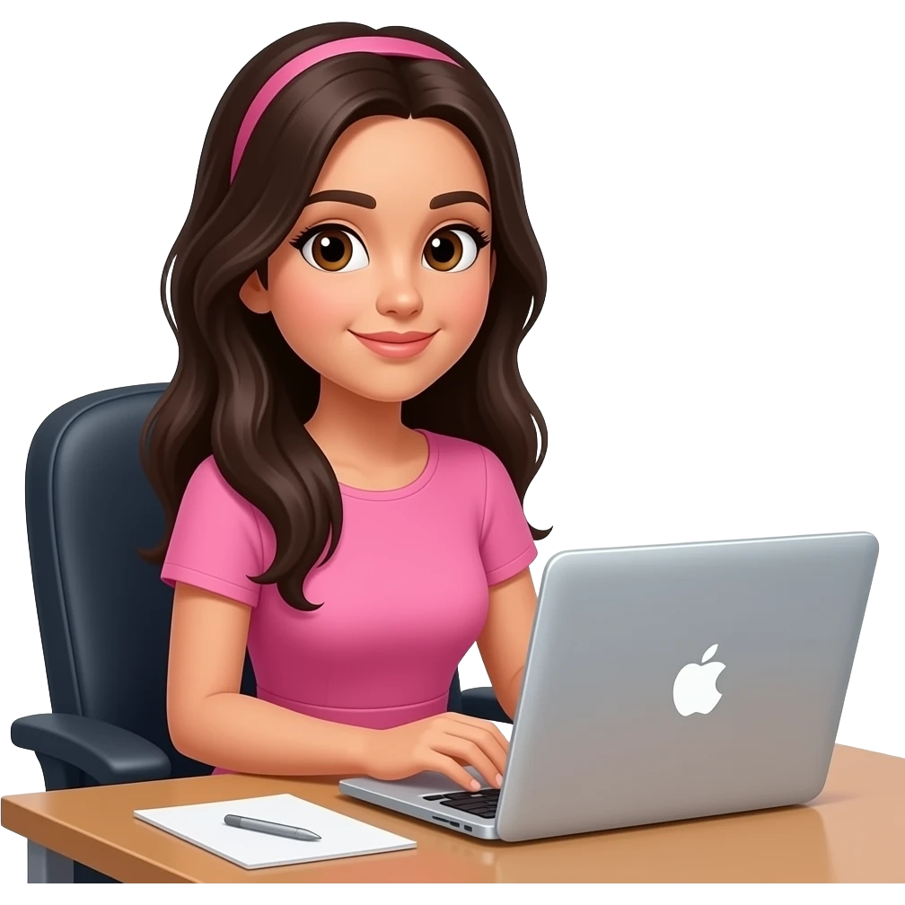 Girl Latina with long dark hair no bangs, brown eyes, wearing a pink dress, sitting in a office table and using MacBook emoji