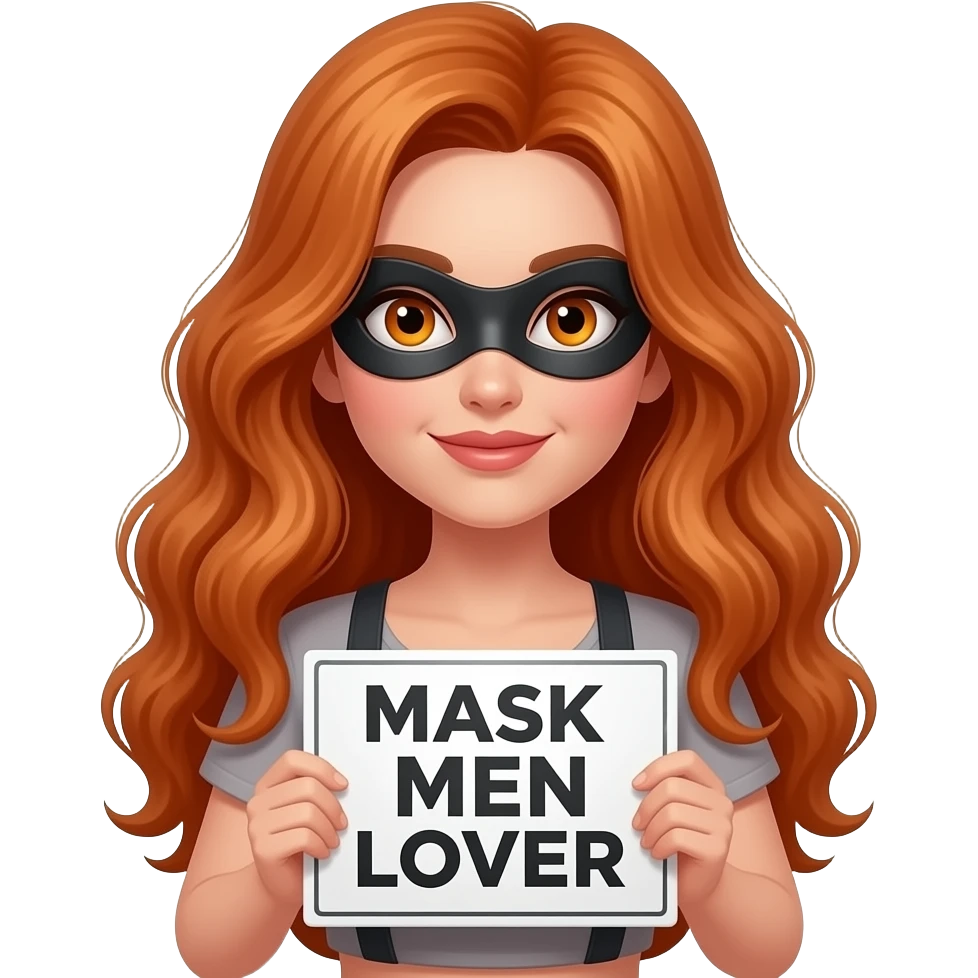 sexy girl with long wavy ginger hair and ginger eyes wearing a top is holding a MASKED MEN LOVER sign emoji