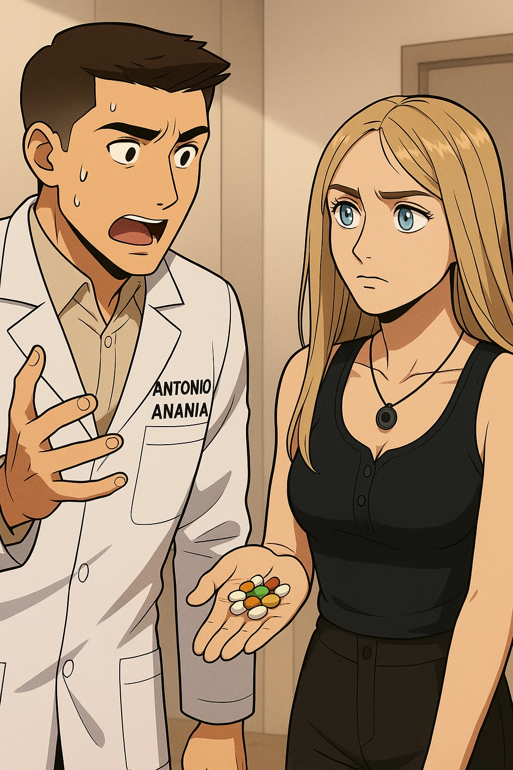 fai un webtoon/manga a colori con questo kinesiologo in camice bianco (fagli la scritta "ANTONIO ANANIA" SUL CAMICE) CHE PARLA CON QUESTA RAGAZZA CON GLI OCCHI AZZURRI. LA RAGAZZA HA UN PUGNO DI INTEGRATORI IN MANO (TANTE PILLOLE DIVERSE) E LE GUARDA DUBBIOSA. IL KINESIOLOGO CON IL CAMICE BIANCO LE DOMANDA UNA COSA SCIOCCATO. NON FARE I FUMETTI, FAI SOLO LORO COME SE DIALOGASSERO emoji